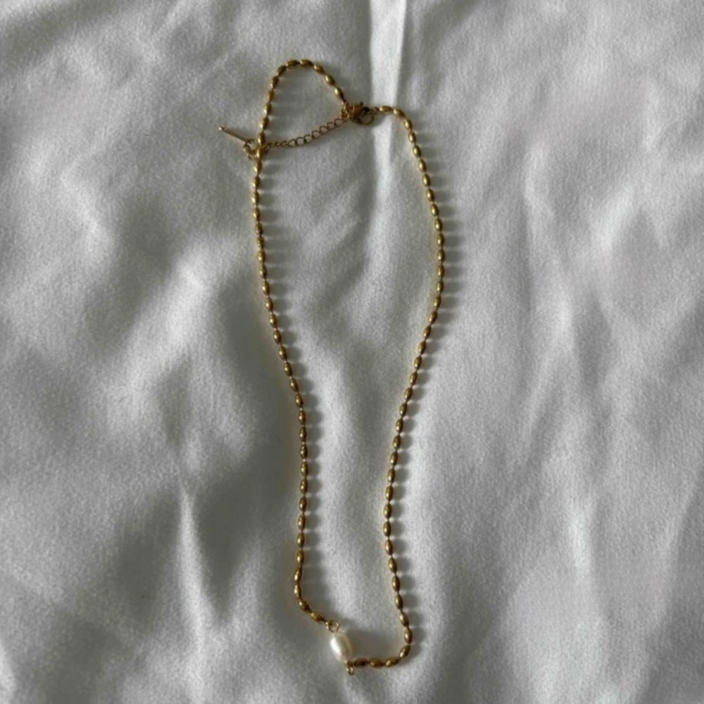 18K Gold Plated Stainless Steel Bead Necklace Adorned With White Pearls … - Picture 2 of 7